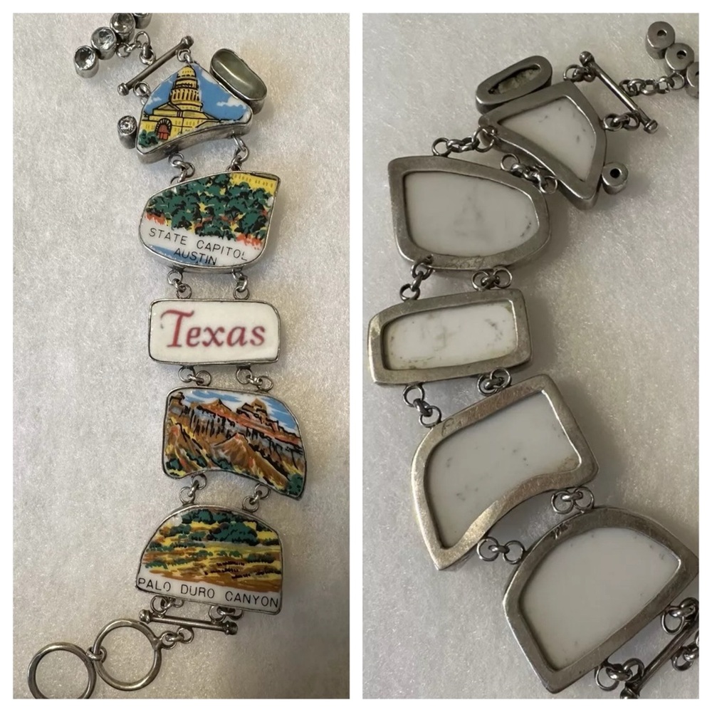 TEXAS SOUVENIR PLATE THEMED ARTISAN STERLING LINK W/TOPAZ ACCENTS BRACELET 8-9”